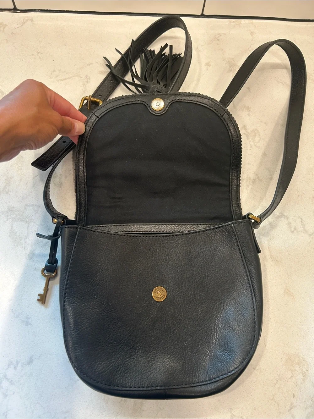 Fossil Emi Leather Tassel Crossbody Black Saddle Bag